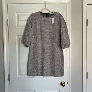 LOFT Women's Black Tweed Shift Dress Size 12 Knee Length Short Sleeve